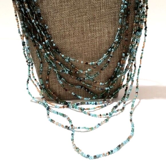 Vintage Hand Woven Turquoise & Gold Multi Strand Seed Bead Necklace - Picture 3 of 8